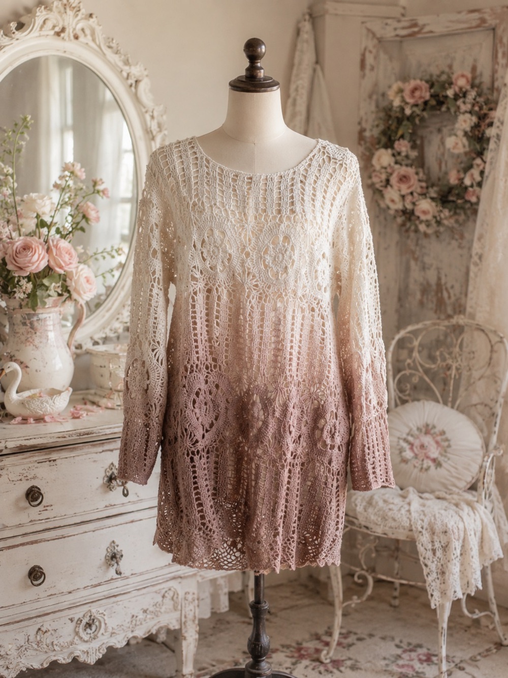 Denim 24/7 Ombre Crochet Scoop Neck Sweater - Cream to Brown